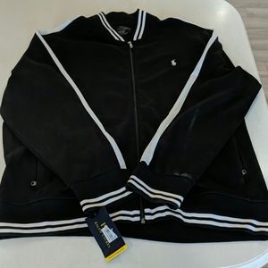 Black zip up sweatshirt with white stripes